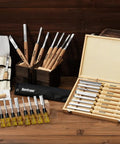 Top Tier 12 Piece Wood Carving Chisel Set With Rock Hard 60CrV Steel Blades And Smooth Ash Wood Grips on wooden table
