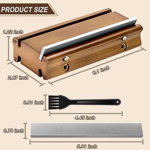 4-in-1 bass/guitar fret file toolkit on a wooden block with 3°, 23°, 35°, 90° angled files, plus brush and long filing strip
