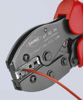4-Position Contact Crimping Pliers For Non-Insulated Open Plug Type Connectors, metal jaws view, wire inserted, close-up