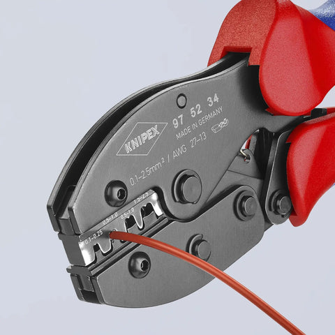 4-Position Contact Crimping Pliers For Non-Insulated Open Plug Type Connectors, metal jaws view, wire inserted, close-up