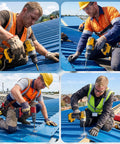 Workers using All In One Roof Repair Kit With 200 Self Drilling Metal Roof Screws And 200 Screw Caps on blue metal roof.