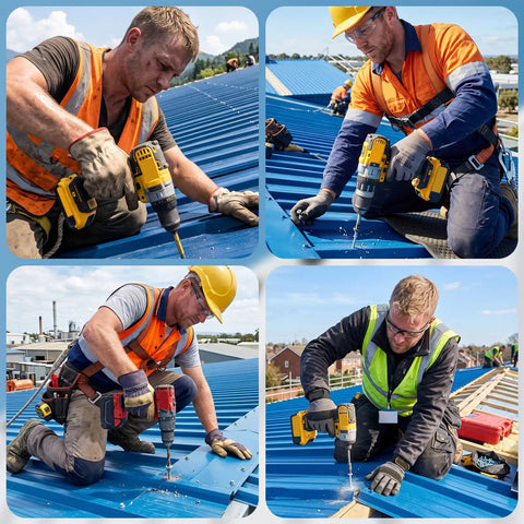 Workers using All In One Roof Repair Kit With 200 Self Drilling Metal Roof Screws And 200 Screw Caps on blue metal roof.