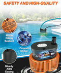 Above Ground Pool Cover Pump Submersible Sump Water Removal Tool with Drain Hose and 25-Foot Power Cord, 850 GPH Flow Rate, IPX8 Waterproof ABS Shell, 110V 60Hz, Includes 3 Adapters for Quick Setup and Easy Cleanup showcasing safety features and components.
