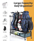 Four Bag Golf Organizer Rack For Garage Storage displaying four golf bags, clubs, balls, shoes, and accessories on sturdy floor stand.