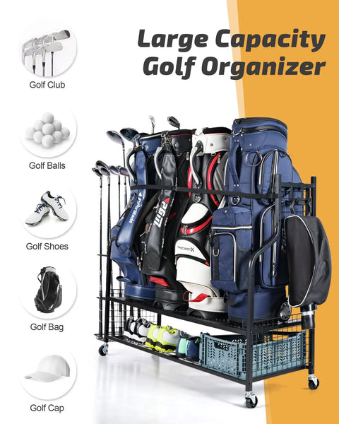 Four Bag Golf Organizer Rack For Garage Storage displaying four golf bags, clubs, balls, shoes, and accessories on sturdy floor stand.