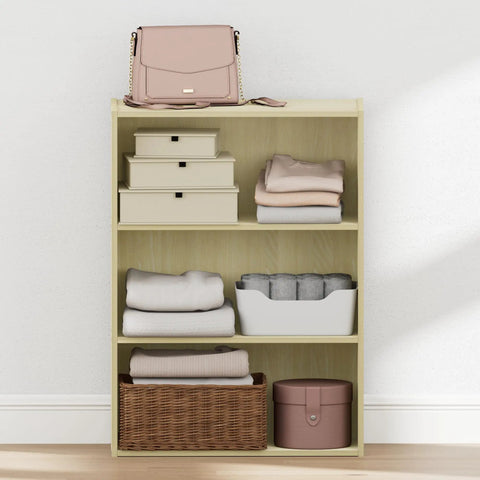 Kick Your Daily Mess To The Curb With This Real Deal Three Tier Closet Organizer In Warm Steam Beech Wood, Built Tough For Tight Bedrooms And Zero Headache Setup, Featuring Smooth Open Shelves For Dependable Home Organization, showcasing neatly folded clothes, storage boxes, and a handbag.