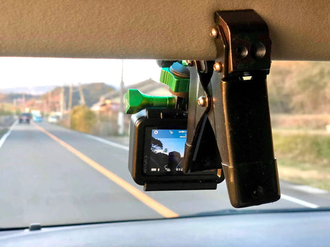 Savior Spring Clamp Mini Fast Mount Torsion Clamp holding camera inside car with 0 to 1.7 inch jaw, black anodized aluminum
