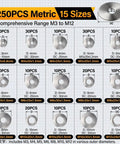 Premium 304 Stainless Steel Fender Washers Kit, 250 Piece Flat Washers Assortment In 15 Metric Sizes M3 To M12, Heavy Duty Metal Washers For Screws And Bolts, Automotive Industrial And Home Use, Rust Resistant. 15 sizes shown