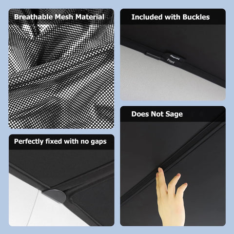 Tesla Model Y roof sunshade by Amazon, Juniper color, breathable black mesh with buckles