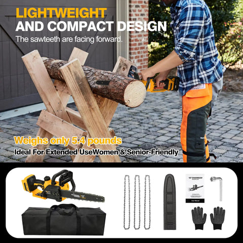 User cutting log with 12 Inch Brushless Cordless Chainsaw Tool Only For 20V 60V Battery Systems, copper motor, accessories shown