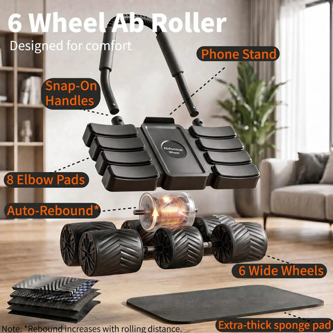 Six Wheel Auto Rebound Ab Roller With Broad Elbow Support Engineered For Wobble Free Core Training Lower Back Protection And Locked In Core Gains Every Single Day