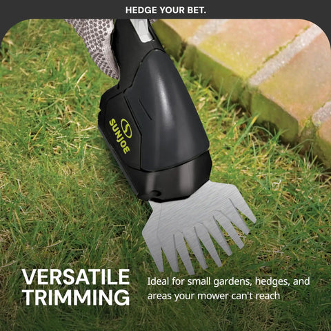 2-In-1 Cordless Grass Shears And Hedge Trimmer For Quick Edging And Shrubs trimming grass along a brick walkway.