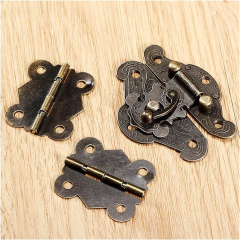 Old School Vibe Antique Retro Hasp Lock Buckle Eye Latch Set With Bronze Hardware on wooden surface