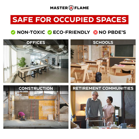Image showing various safe spaces for fire retardant spray: offices, schools, construction, retirement communities with non-toxic, eco-friendly features.