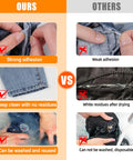 Comparison of Permanent Fabric Glue 60 ML Washable Clear Clothing Glue For Rhinestones Patches Clothes Denim Leather Polyester Fabrics And Doll Repair Quick Strong Hold No Sew Without Needle And Thread showing strong adhesion and washability compared to other glue with weak adhesion and residues.