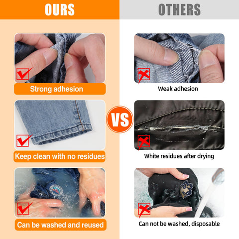 Comparison of Permanent Fabric Glue 60 ML Washable Clear Clothing Glue For Rhinestones Patches Clothes Denim Leather Polyester Fabrics And Doll Repair Quick Strong Hold No Sew Without Needle And Thread showing strong adhesion and washability compared to other glue with weak adhesion and residues.