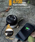 Rechargeable Camping Lantern 1000 Lumen LED Light With 6700mAh Power Bank showing USB ports and charging a device outdoors