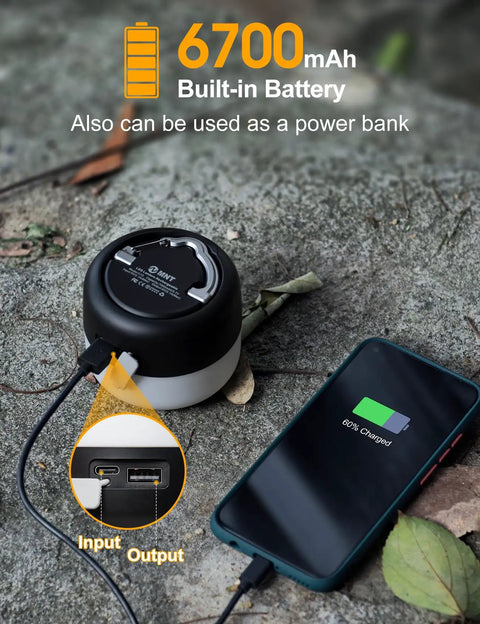 Rechargeable Camping Lantern 1000 Lumen LED Light With 6700mAh Power Bank showing USB ports and charging a device outdoors