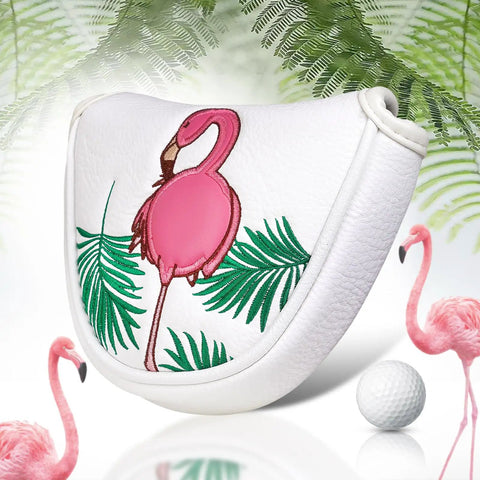 Flamingo Dance Mallet Putter Headcover With Magnetic Closure Eco Friendly Synthetic Leather White Wood Look For Heel Shaft Putters