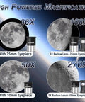 Moon images at different magnifications using 90mm Refractor Telescope With 900mm Focal Length For Adults And Beginners, 36x To 270x Magnification, AZ Mount, Carry Bag, Phone Adapter, Dope For Moon And Planets Viewing, Backyard Astronomy Starter Kit.
