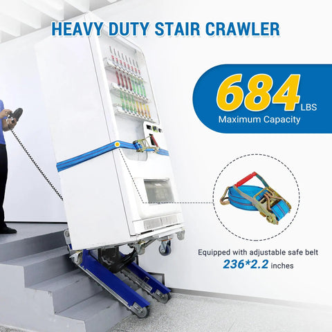 Xsto Crawler Electric Dolly Heavy Duty Trolley 684 Lbs Load Capacity Stair Climber with adjustable safe belt on stairs.