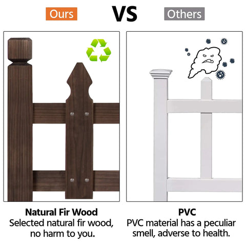 Comparison of Solid Fir Wood Garden Picket Fence Edging Kit With Five Panels and PVC showing material and health benefits.