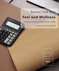 Double Sided Leather Desk Pad With Eco Cork Backing, Large 31.5 By 15.7 Inch Waterproof Desk Mat on desk with calculator
