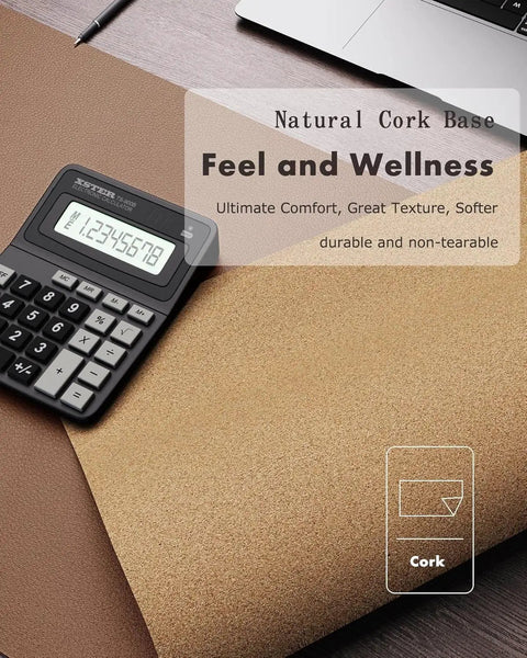 Double Sided Leather Desk Pad With Eco Cork Backing, Large 31.5 By 15.7 Inch Waterproof Desk Mat on desk with calculator