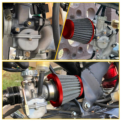PZ20 Carburetor Kit Fits 50cc to 125cc Chinese Kids ATVs, front and side views with filter and engine parts, compatible with TaoTao, Coolster