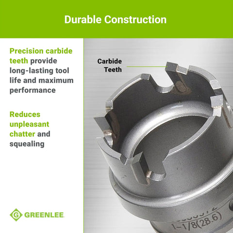 Close-up of 6-Piece Quick Change Carbide-Tipped Hole Cutter with carbide teeth for precise cuts in metal materials.