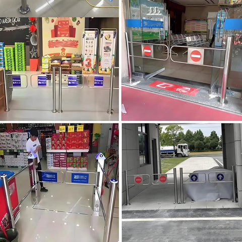 Built Tough Spring Loaded Safety Gate Made For Real World Grocery Stores And Warehouses With Smooth Automatic Closing One Way Sliding Door Waterproof Stainless Steel Frame Zero Fuss Indoor Or Outdoor Use, showcasing multiple gate installations in grocery scenarios.