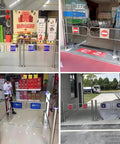 Heavy Duty Stainless Steel Automatic Closing Gate Spring Loaded One Way Slide Barrier shown in retail and entrance settings.