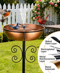 Tall 43 Inch Metal Bird Bath With 3 Inch Deep Basin And 12 Inch Diameter No Fuss Adjustable Height To 43 Inches Removable Water Bowl For Outdoor Garden Yard Decor Stable Stake 1.4 Gallon Capacity with birds and material layers graphic.