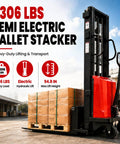 Rock Solid 3306 Lbs Semi Electric Pallet Stacker with electric lift, lifting 8 stacked boxes to 94.8 inches in a warehouse.