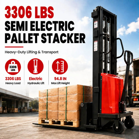 Rock Solid 3306 Lbs Semi Electric Pallet Stacker with electric lift, lifting 8 stacked boxes to 94.8 inches in a warehouse.