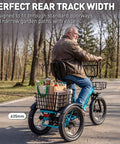 Fat Tire Electric Trike For Adults With Basket Foldable 1000W Peak Motor 3 Wheel Ebike With 18x3 Fat Tires 48V 648Wh Removable Battery Step Through Design Pedal Assist Up To 55 Miles rear view on paved path with basket