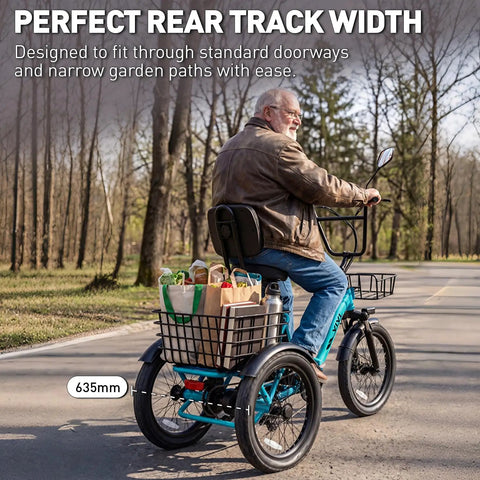 Fat Tire Electric Trike For Adults With Basket Foldable 1000W Peak Motor 3 Wheel Ebike With 18x3 Fat Tires 48V 648Wh Removable Battery Step Through Design Pedal Assist Up To 55 Miles rear view on paved path with basket