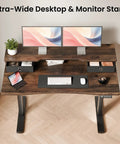 Realbear 48 By 24 Inch Electric Standing Desk With Two Convenient Drawers And A Dual Monitor Shelf view from above with keyboard and mouse