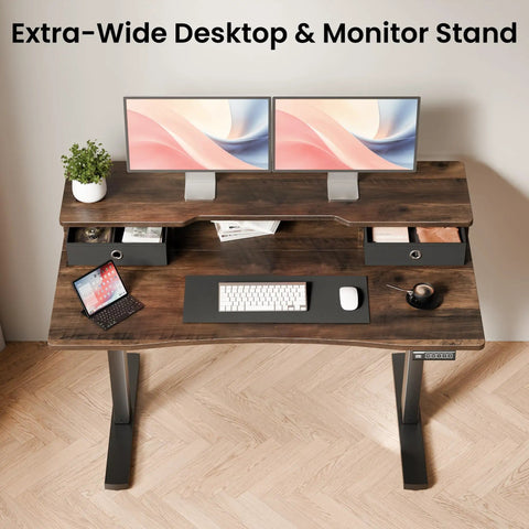 Realbear 48 By 24 Inch Electric Standing Desk With Two Convenient Drawers And A Dual Monitor Shelf view from above with keyboard and mouse