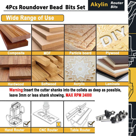 Image showcasing Top Shelf Four Piece Roundover And Bead Router Bit Set With One Quarter Inch Shank For Hella Smooth Woodworking Edges multi-use materials.
