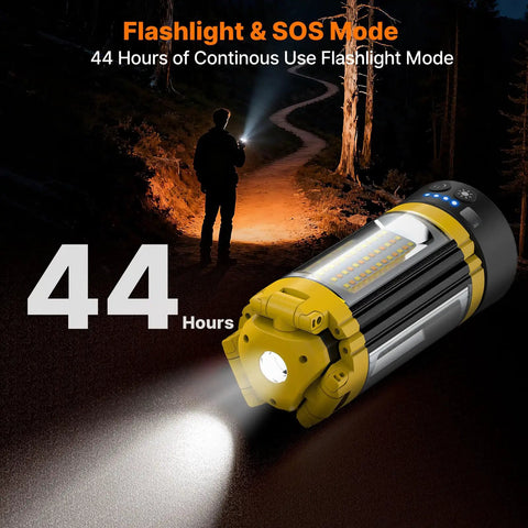 Remote Camping Light With 18000mAh Rechargeable Battery Power Bank, three LED lamp heads on at night
