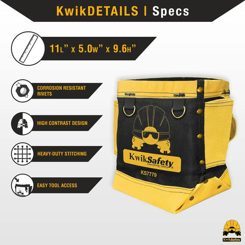 RedIron Two Pack Heavy Duty Canvas Bolt Bag For Ironworkers With Reinforced Stitching And Belt Loop Tunnel Connection Bull Pin And Bolt Pouch, showing dimensions and features on yellow backdrop.