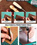 85 Piece Leather Tooling Kit With Custom Storage Bag showing awls and punch tools for leather crafting.