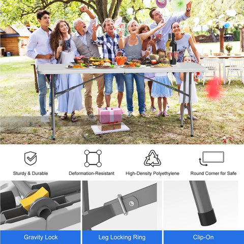 Group gathered around 6 Ft Folding Table For Indoor And Outdoor Use Heavy Duty Plastic Foldable Dining Surface at outdoor event