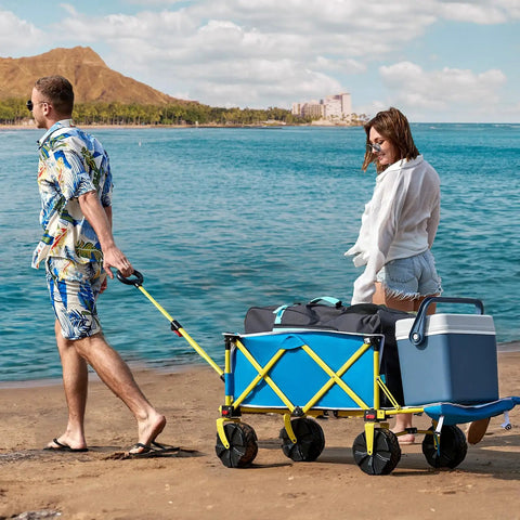Beach Wagon With Big Wheels For Sand Heavy Duty Collapsible Cart With Tailgate Foldable Utility Wagon in use on beach
