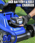 Inserting 40V 4.0Ah battery into cordless mower, showing 60 minutes runtime. Product: 40V Cordless Mower With 18-Inch Brushless Power.