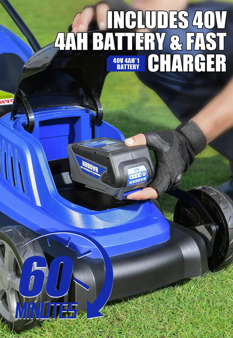 Inserting 40V 4.0Ah battery into cordless mower, showing 60 minutes runtime. Product: 40V Cordless Mower With 18-Inch Brushless Power.