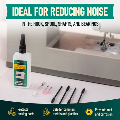 Crystal Clear 3.4 Oz Sewing Machine Oil Set With 1 Inch And 1.5 Inch Precision Applicators And Five Deep Cleaning Brushes For Quiet, Smooth, Gummed Free Operation Of Your Sewing Machine, bottle and brushes beside sewing machine