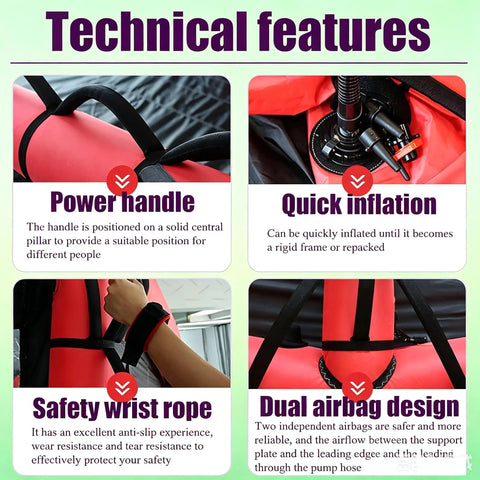 Technical features of Inflatable Wing Foil Board with power handle, quick inflation, safety wrist rope, dual airbag design