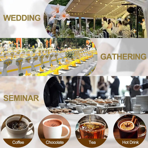Collage of events including wedding, gathering, seminar, with beverages like coffee, chocolate, tea, and hot drink